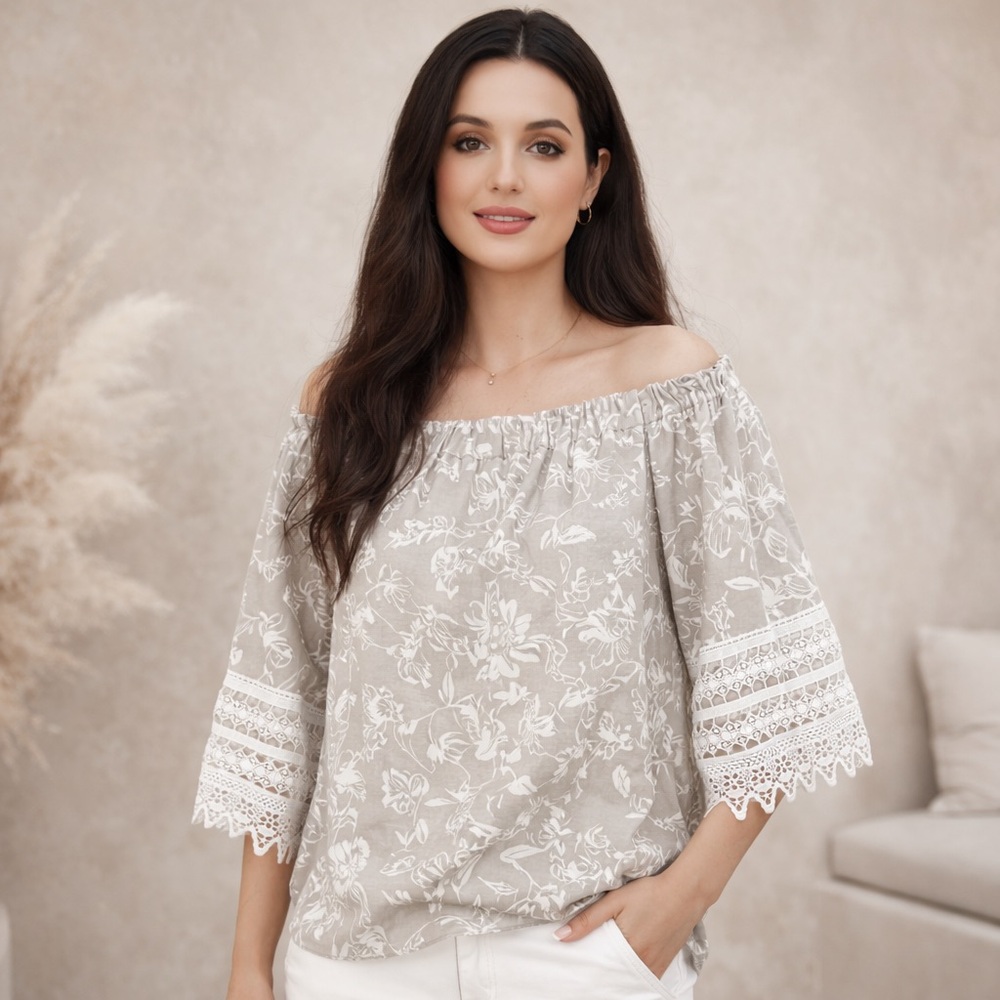 ELLE Rafaella Off Shoulder Linen Floral Top M Crochet Boho Cottagecore